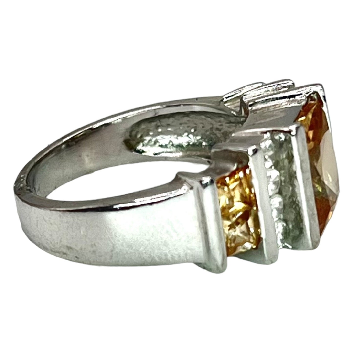 925 Sterling Silver Emerald Cut Citrine CZ Accent Gemstone Ring Size 7 Cocktail