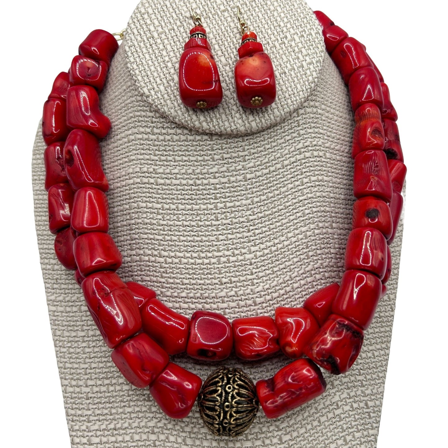 Studio Barse Chunky Red Coral and Bronze 2-Strand Necklace 16" & Earrings