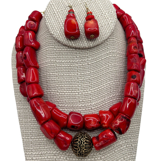 Studio Barse Chunky Red Coral and Bronze 2-Strand Necklace 16" & Earrings