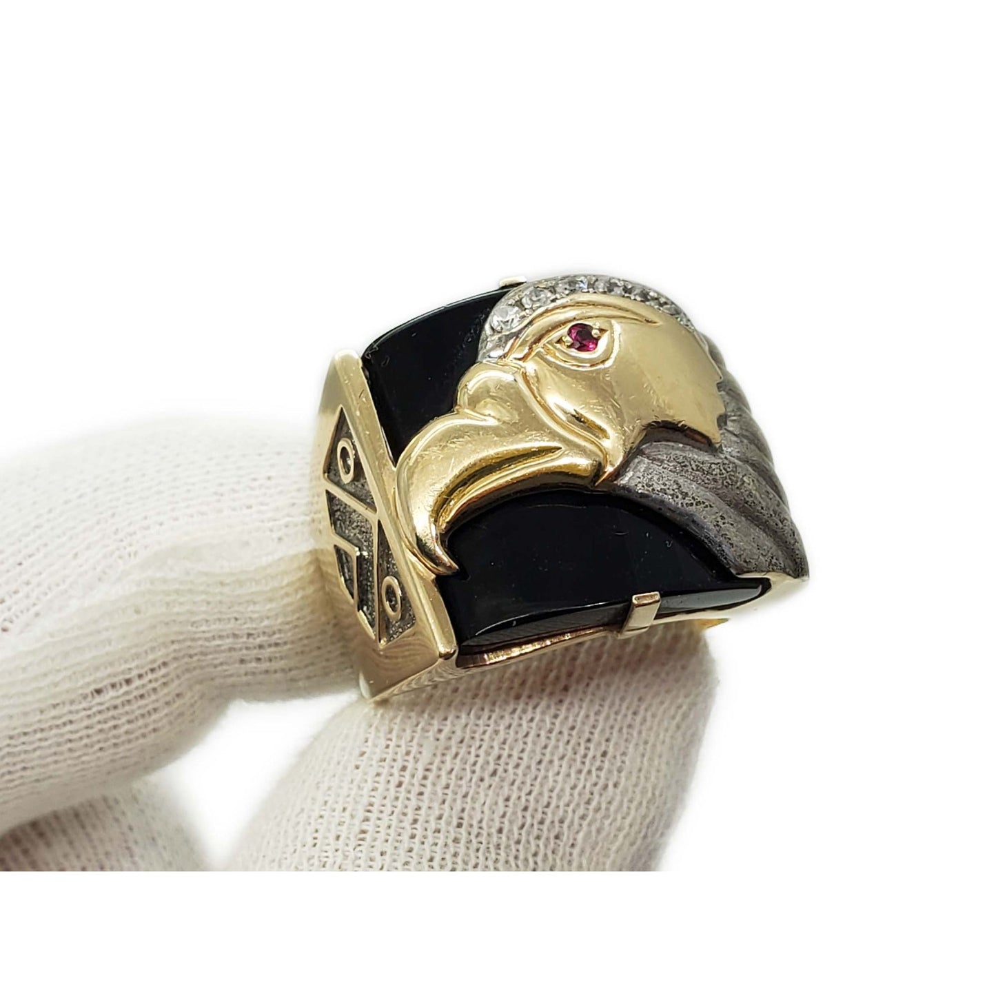 Natural Onyx Diamond & Garnet Eagle Cigar Band Ring Two-Tone 14k Gold Size 9.75