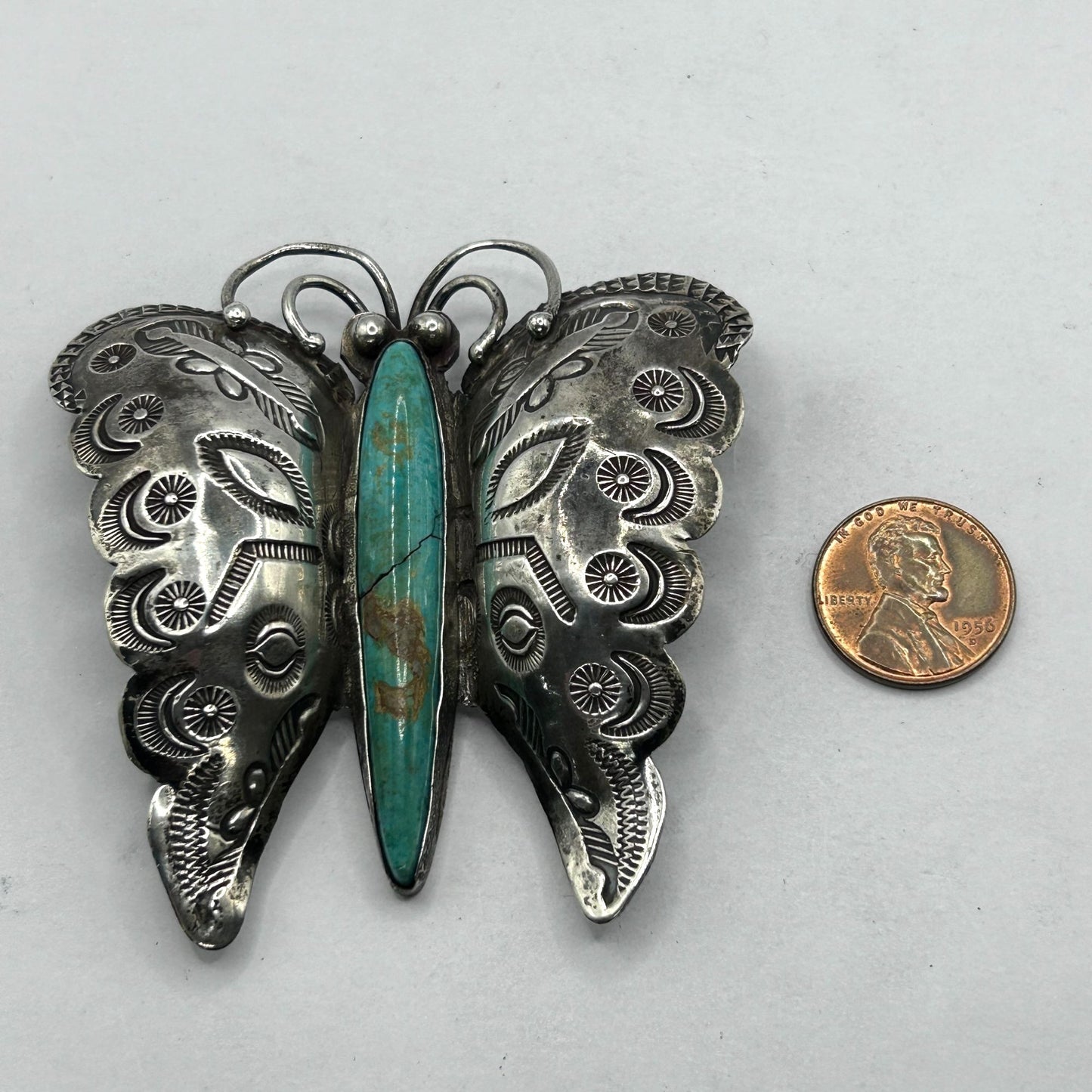 Vintage 925 Sterling Silver & Turquoise Butterfly Brooch Pin