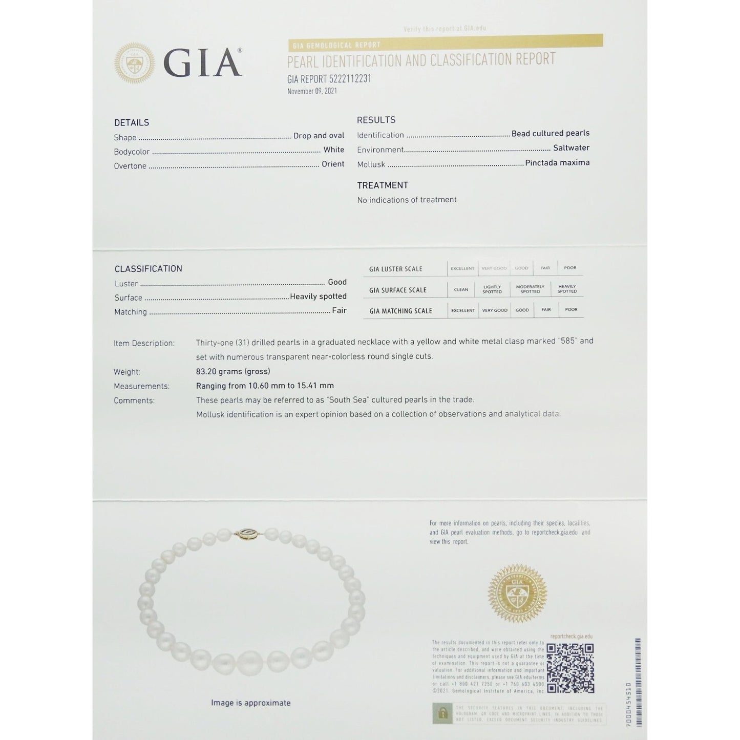South Sea Pearl Bead Necklace with Diamond 14k Gold Clasp & GIA Report