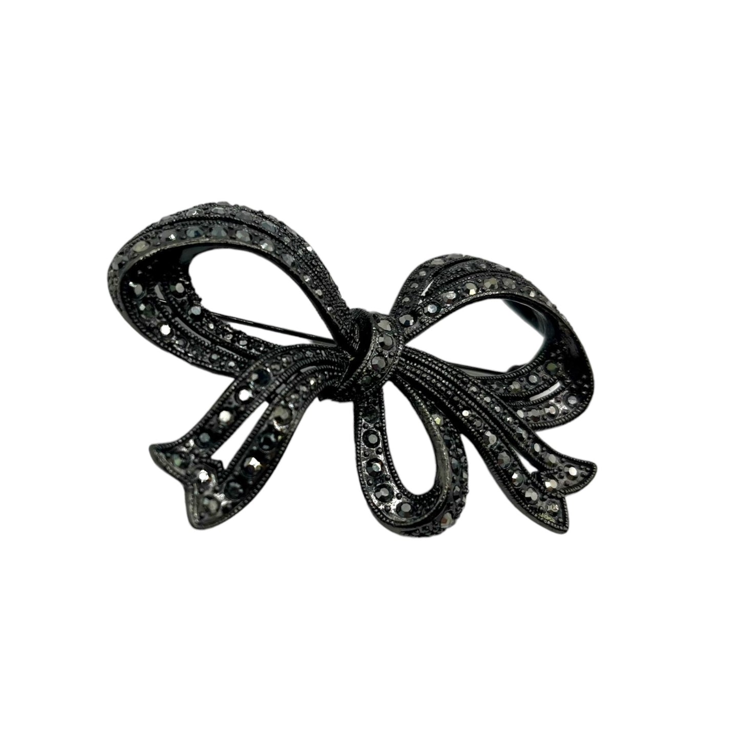 R.J. Graziano Gunmetal Bow Brooch Pin Big Statement Marcasite Ribbon