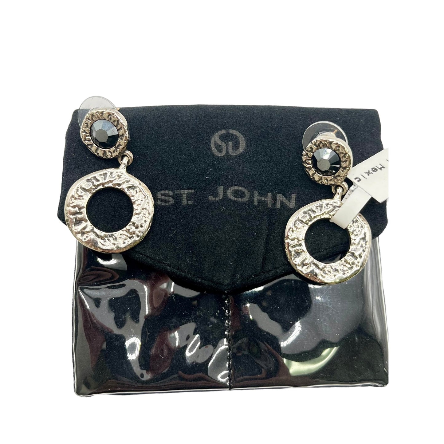 St. John Silver Tone Drop Stud Hammered Hoop Round Earrings Statement