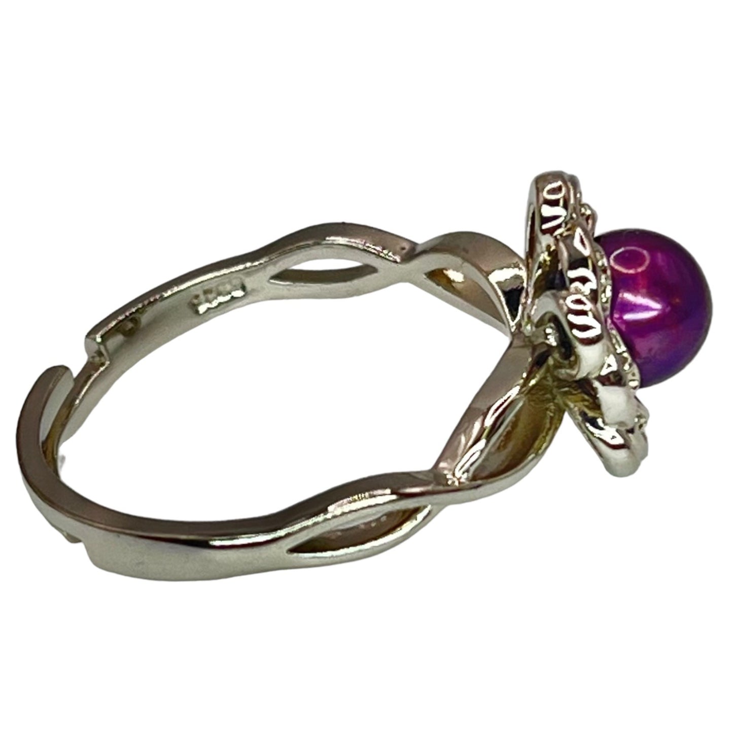 Sterling Silver Burgundy Dyed Freshwater Pearl Adjustable Ring CZ Accent Flower