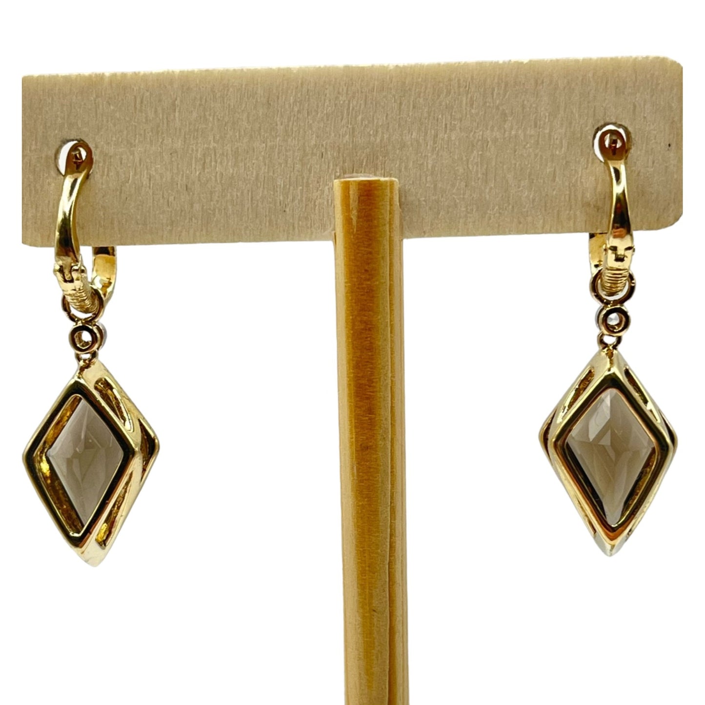 925 Sterling Silver Gold Layered Smoky Topaz Drop Dangle Hoop Earrings Textured