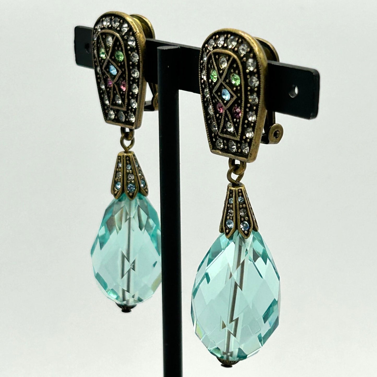 Heidi Daus Blue/Multicolor Crystal Drop Shape Clip-On Closure Dangle Earrings