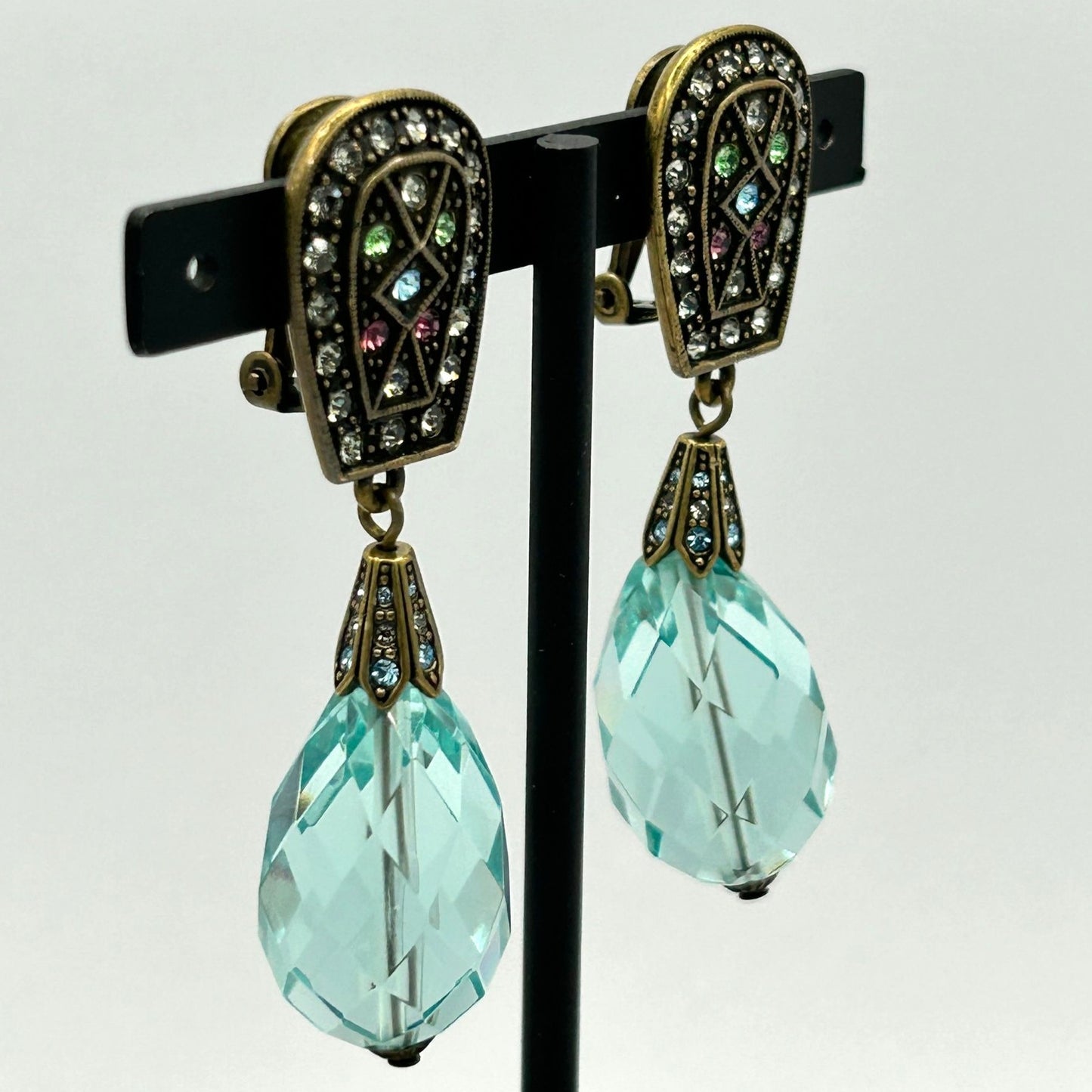 Heidi Daus Blue/Multicolor Crystal Drop Shape Clip-On Closure Dangle Earrings