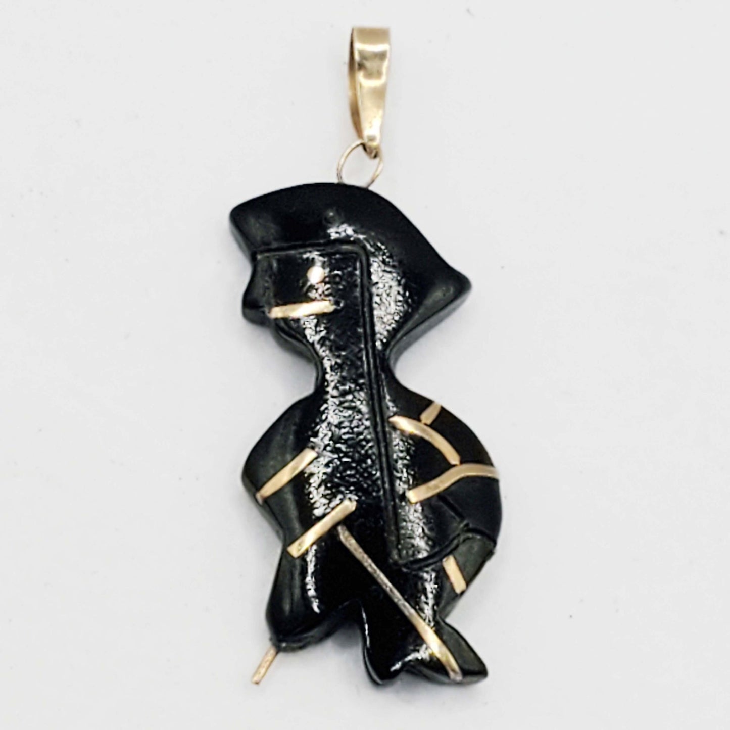 Antique Carved Black Coral Charm Pendant with 14k Gold Inlays