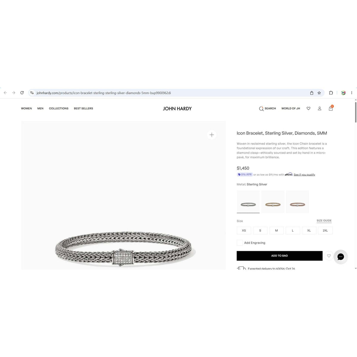 John Hardy 4.5mm Diamond Icon Bracelet Sterling Silver Size L