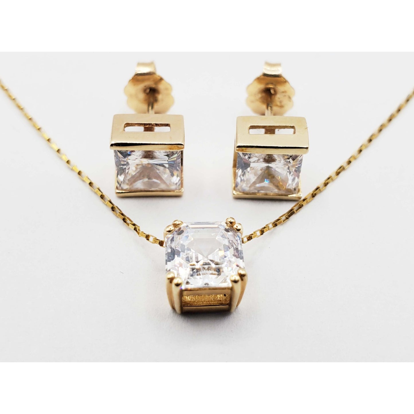 Square & Em-Cut CZ Earrings & Pendant Necklace Set 14k Gold