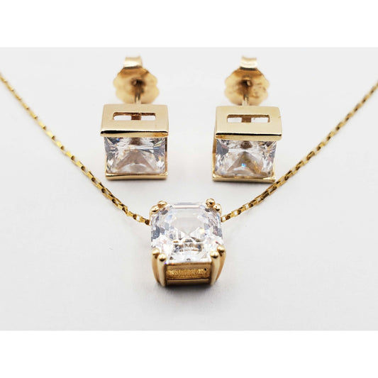 Square & Em-Cut CZ Earrings & Pendant Necklace Set 14k Gold