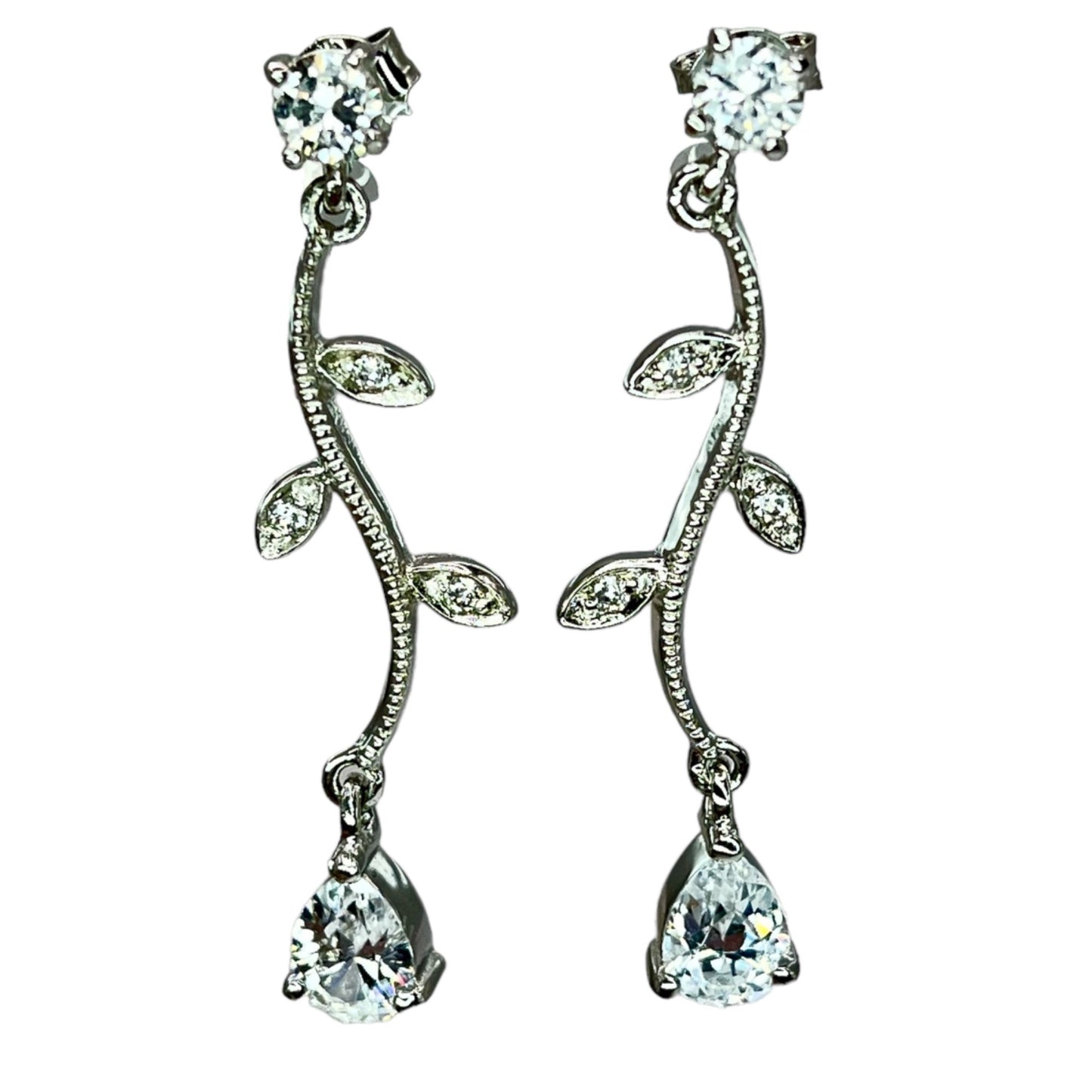 Sterling Silver White Ice Vine Tear Drop Dangle Drop Earrings CZ Formal Bridal