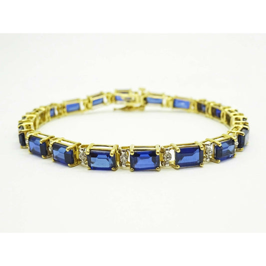 Lab-Created Em-Cut Sapphire & Natural Diamond Accent Tennis Bracelet 10k Gold