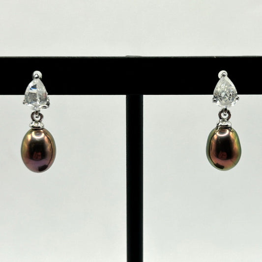 Dyed Freshwater Pearl Stud/Drop Earrings - 925 Sterling Silver & Cubic Zirconia