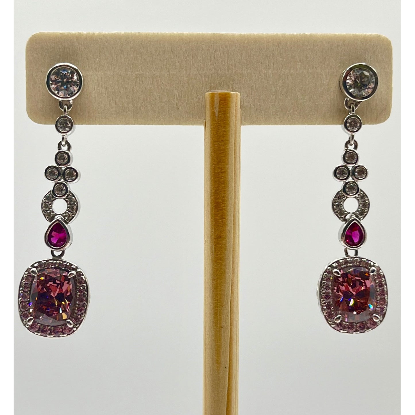 Jean Dousset 925 Sterling Silver Cubic Zirconia Pink Dangle Drop Earrings