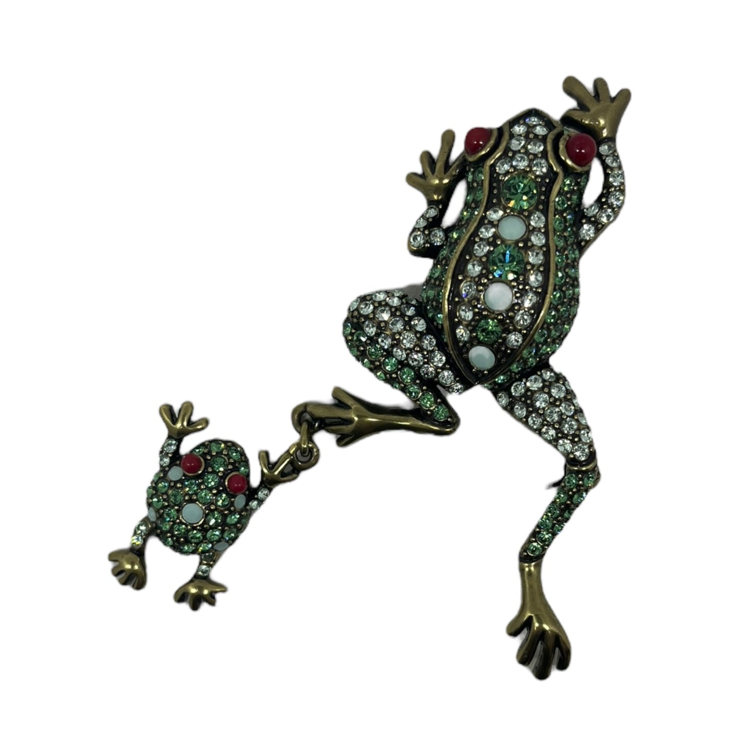 Heidi Daus Hanging By My Toads Crystal Frogs Figural Brooch Pin Bronze Tone