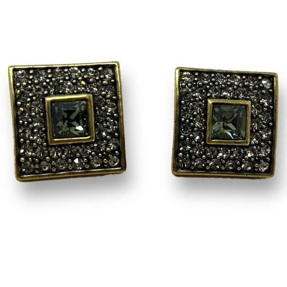 Heidi Daus Bronze Tone Square Rhinestone Women's Post Earrings Pierced Ear Pavé