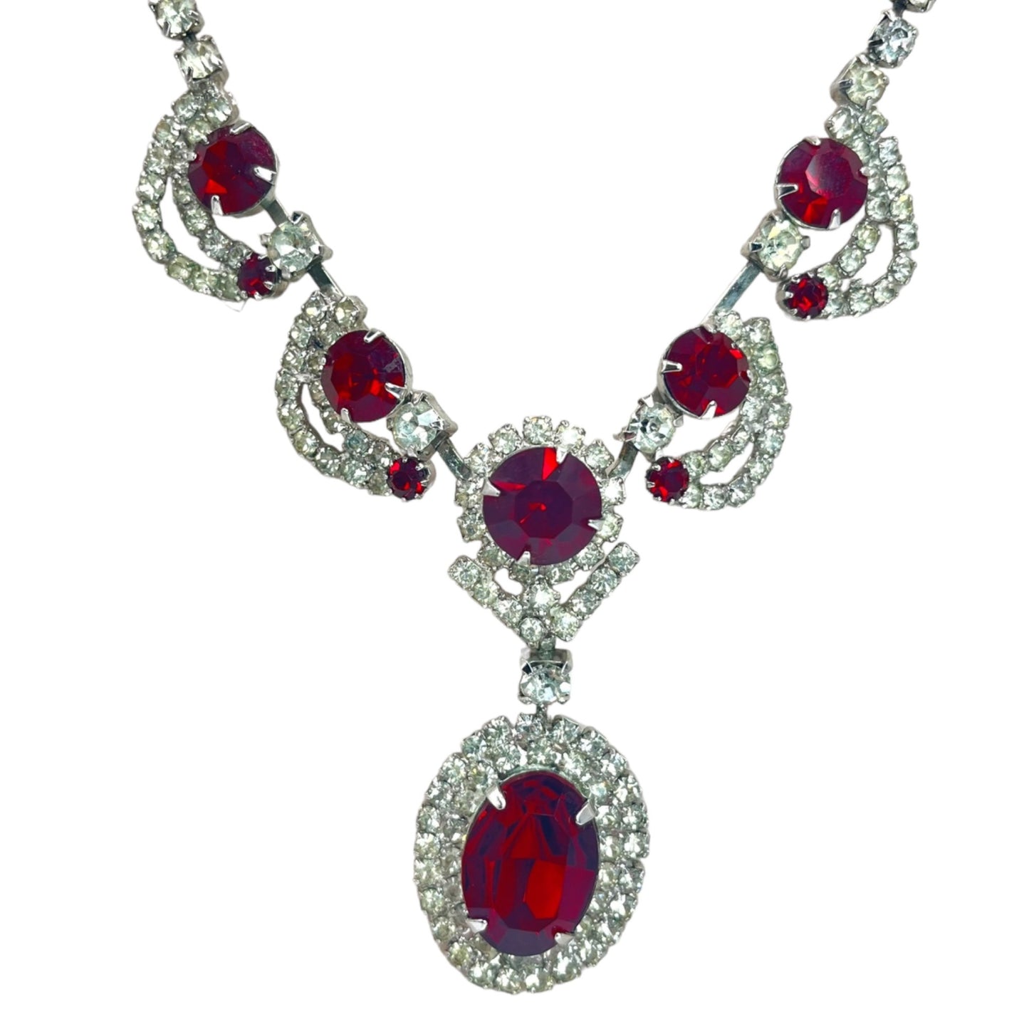 Vintage Kramer of New York Necklace Red Rhinestone Pendant Drop Formal Statement