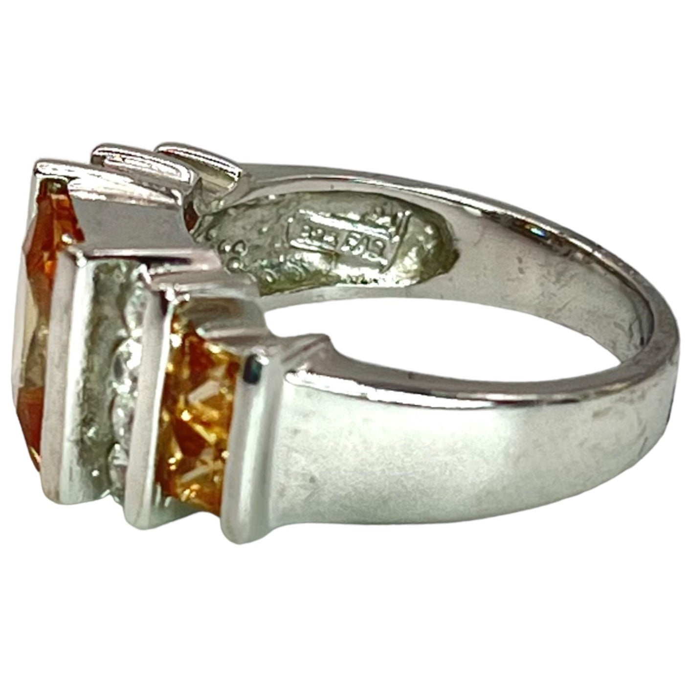 925 Sterling Silver Emerald Cut Citrine CZ Accent Gemstone Ring Size 7 Cocktail