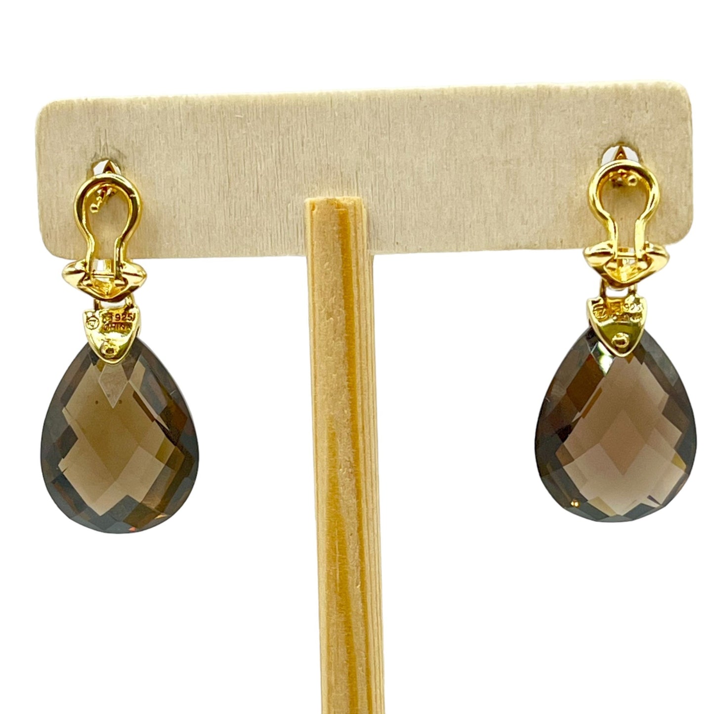 925 Sterling Silver Gold Layered Smoky Quartz Dangle Drop Earrings Formal