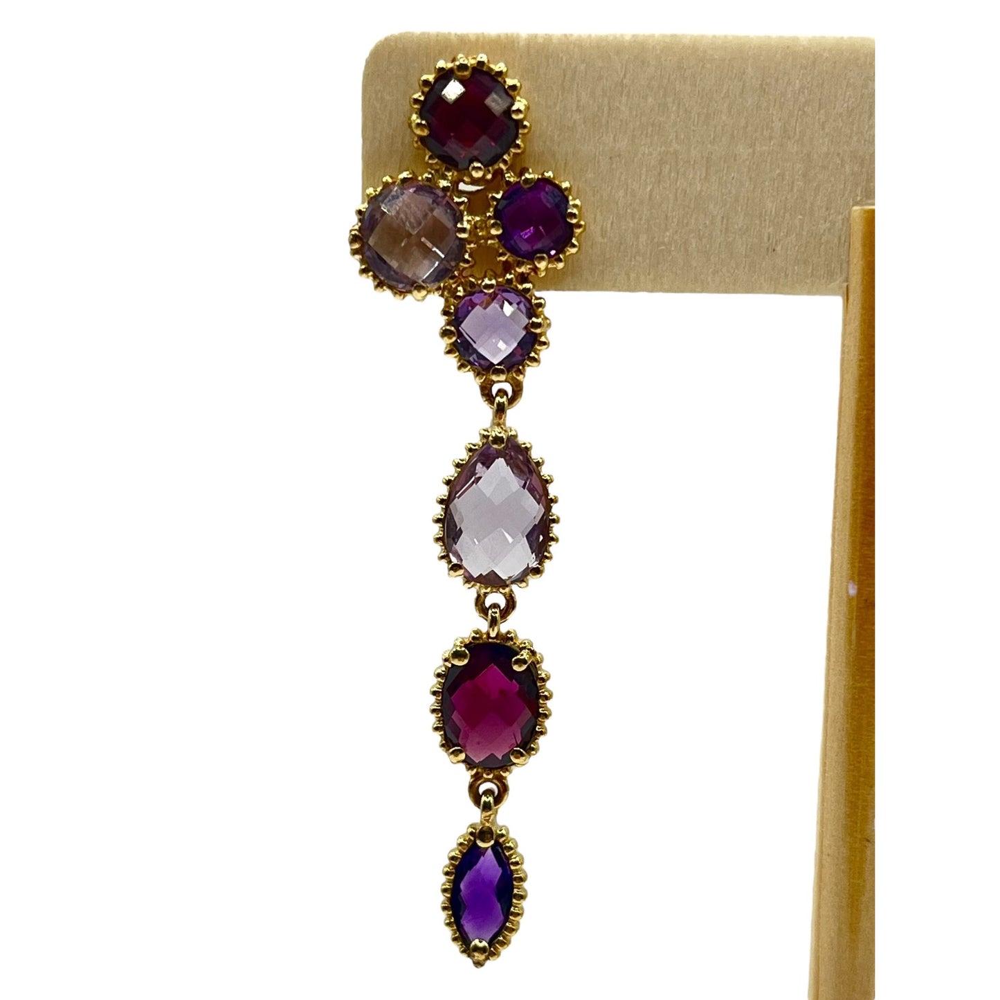 925 Sterling Silver Gold Layered Dangle Drop Earrings Mixed Cut Crystals Purple