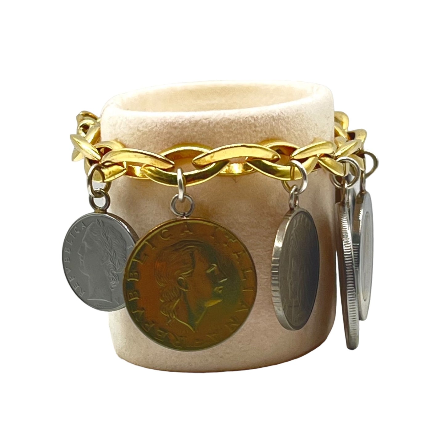 Milor Italy Sterling Gold Vermeil Coin Charm Bracelet Genuine Lire Coin Italian