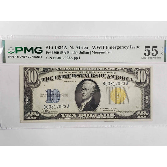 1934 $10 Silver Certificate WWII North Africa #B03817023A PMG 55 AU EPQ