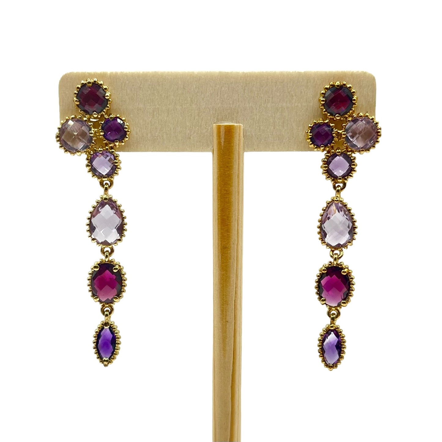 925 Sterling Silver Gold Layered Dangle Drop Earrings Mixed Cut Crystals Purple