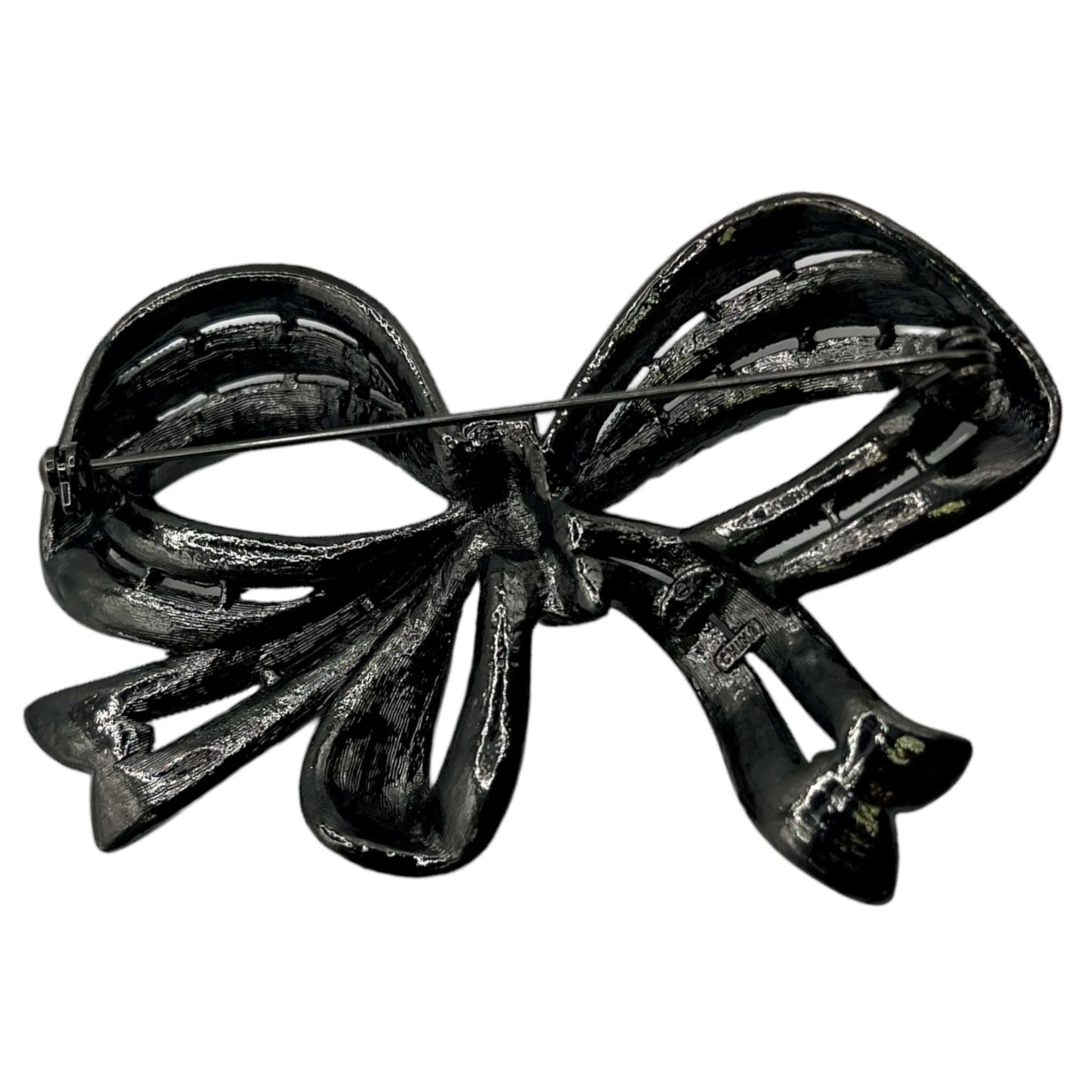 R.J. Graziano Gunmetal Bow Brooch Pin Big Statement Marcasite Ribbon