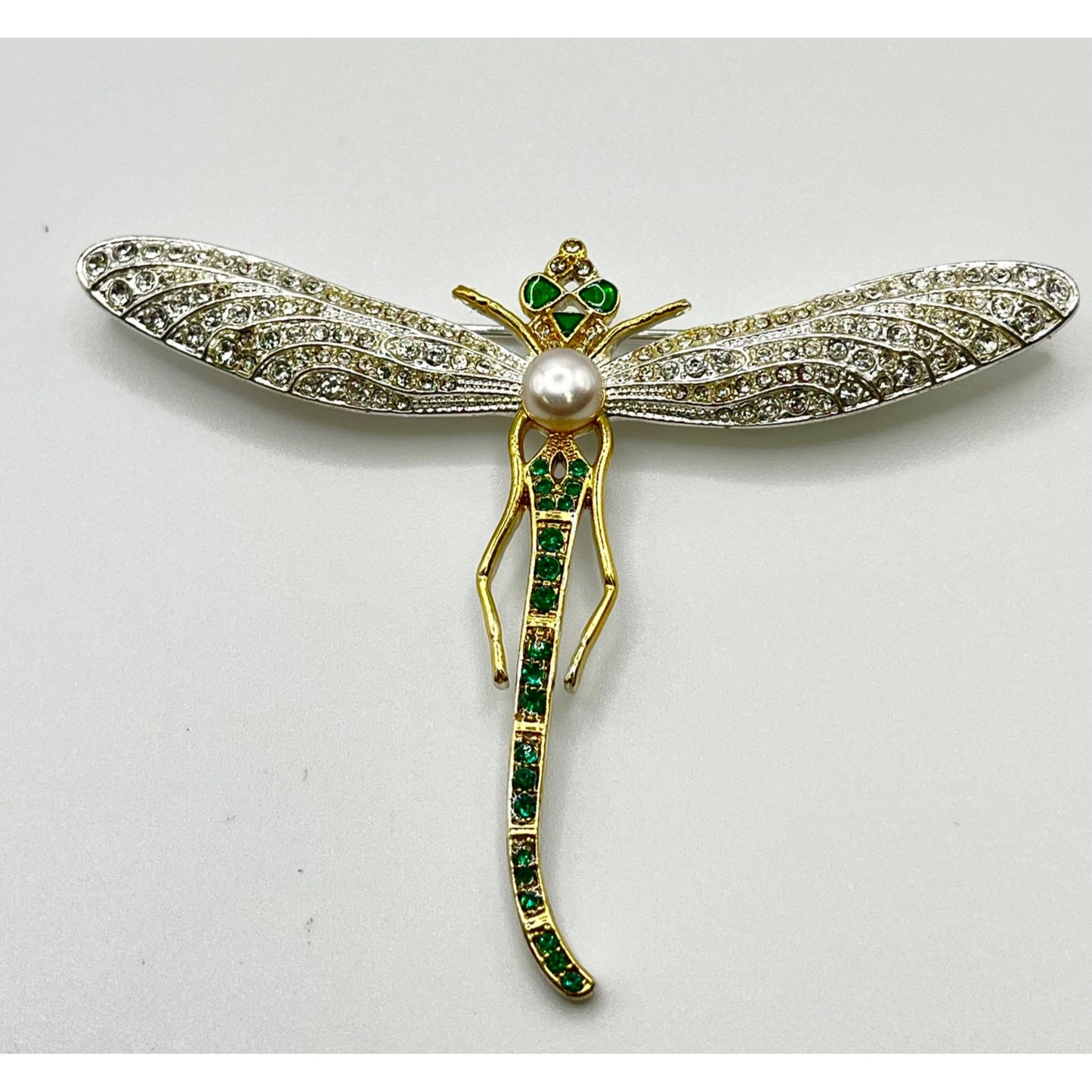 MMA Museum of Modern Art Gold Tone Dragonfly Brooch Pearl Rhinestones Green