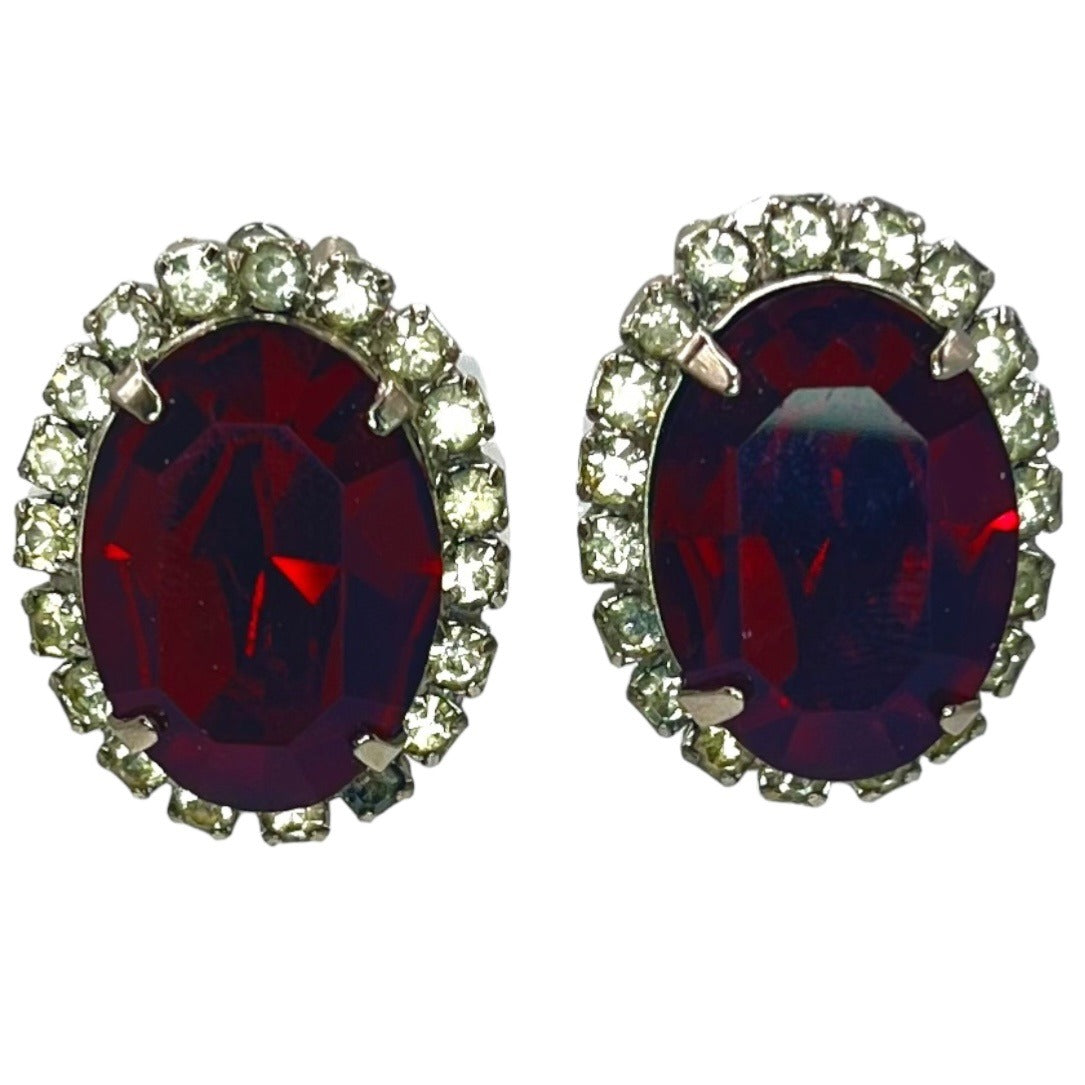 Vintage Kramer of New York Earrings Red Rhinestone Clip-On Formal Chunky