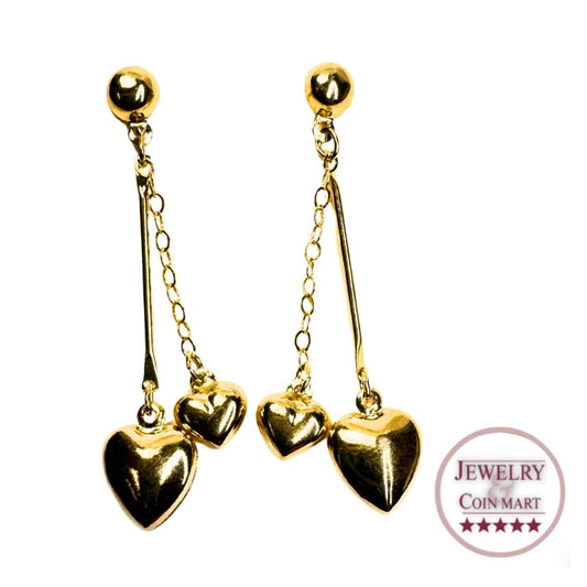 14k Gold 2 Strand Heart Dangle Earrings