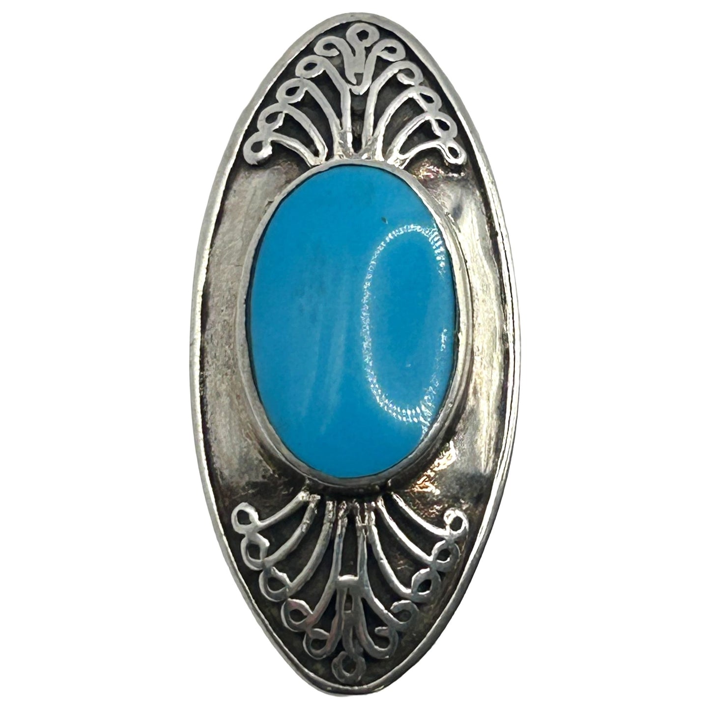 Vintage 925 Sterling Silver Elongated Oval Turquoise Brooch Pin
