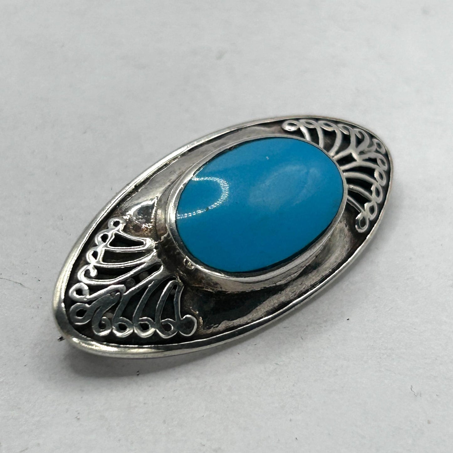 Vintage 925 Sterling Silver Elongated Oval Turquoise Brooch Pin