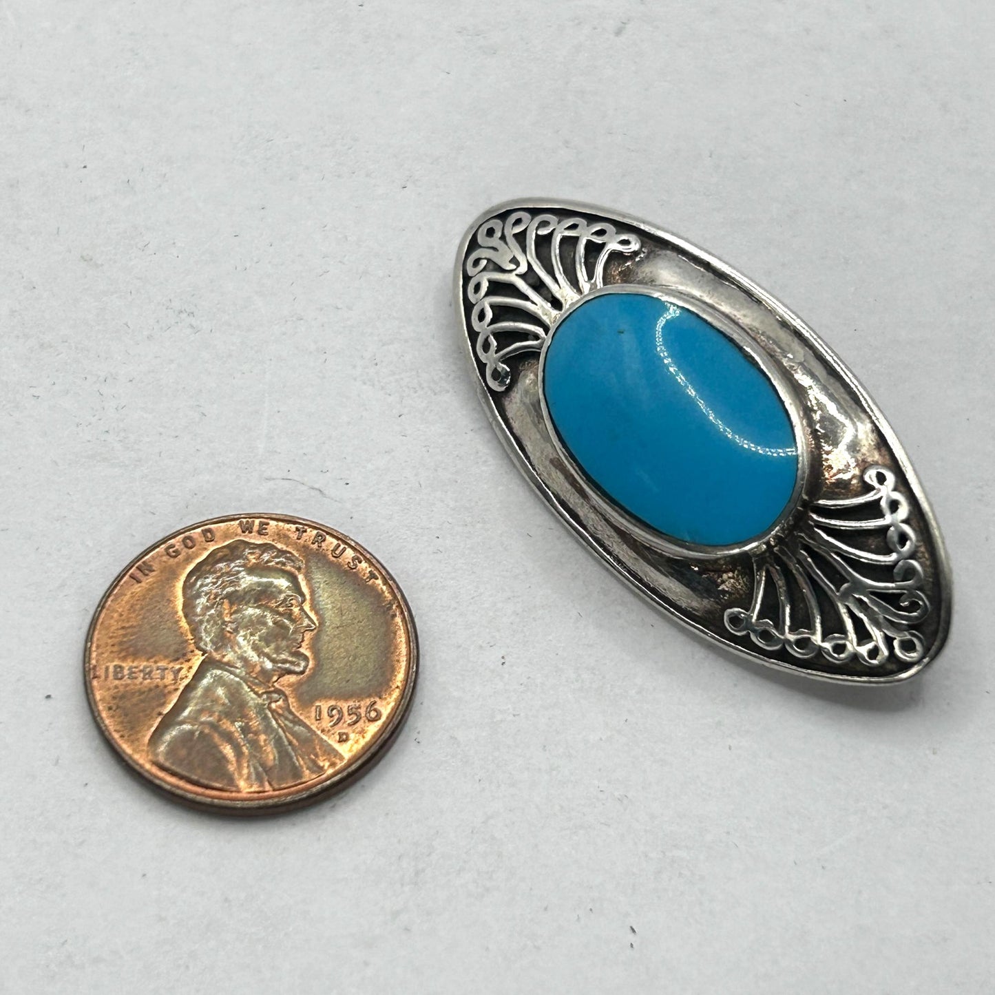 Vintage 925 Sterling Silver Elongated Oval Turquoise Brooch Pin
