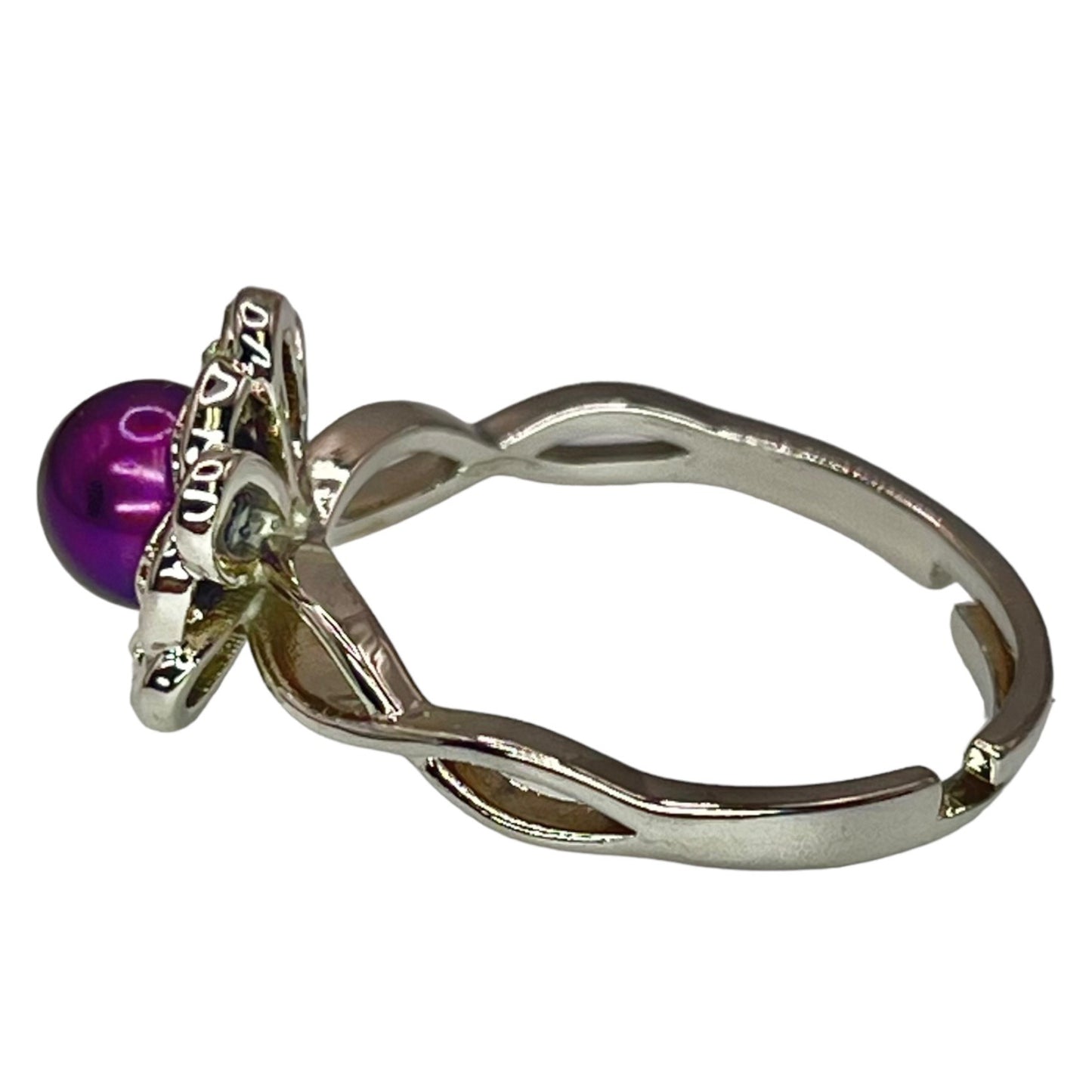 Sterling Silver Burgundy Dyed Freshwater Pearl Adjustable Ring CZ Accent Flower