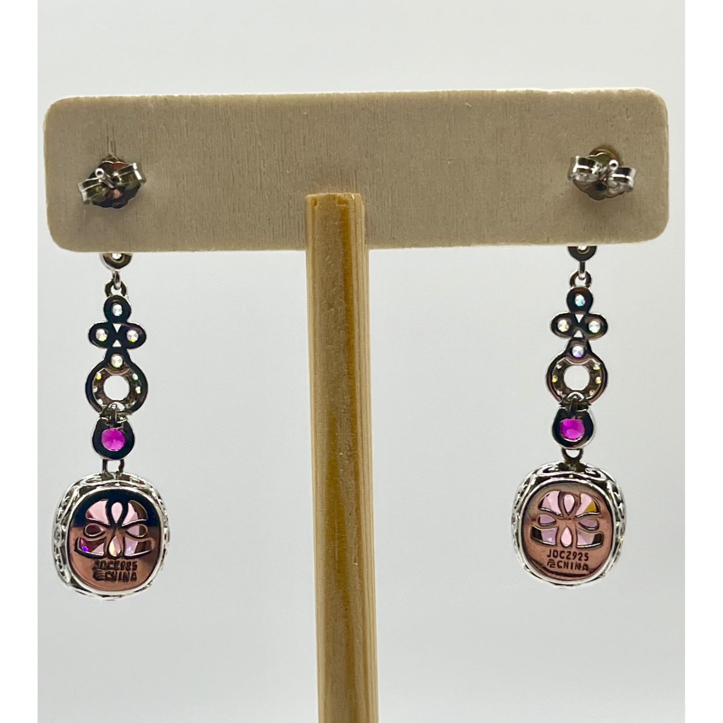 Jean Dousset 925 Sterling Silver Cubic Zirconia Pink Dangle Drop Earrings