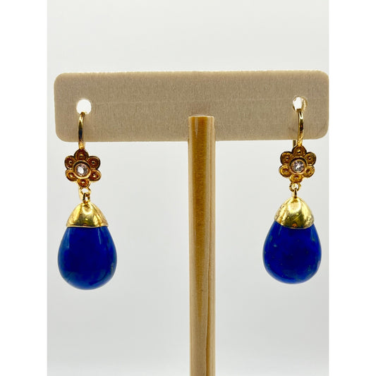 Veronese Blue Lapis Dangle Drop Earrings Sterling Silver Gold Vermeil CZ Flowers