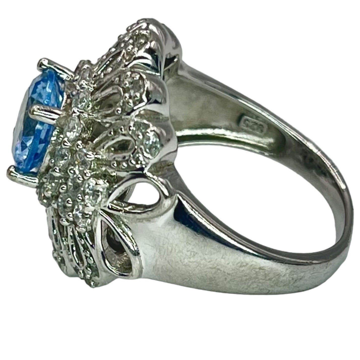 925 Sterling Silver Blue White CZ Accent Filigree Large Cocktail Ring Size 7.75