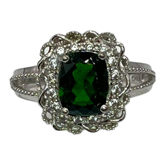 925 Sterling Silver Chrome Diopside Ring Sz 7.75 Cubic Zirconia Ornate Statement