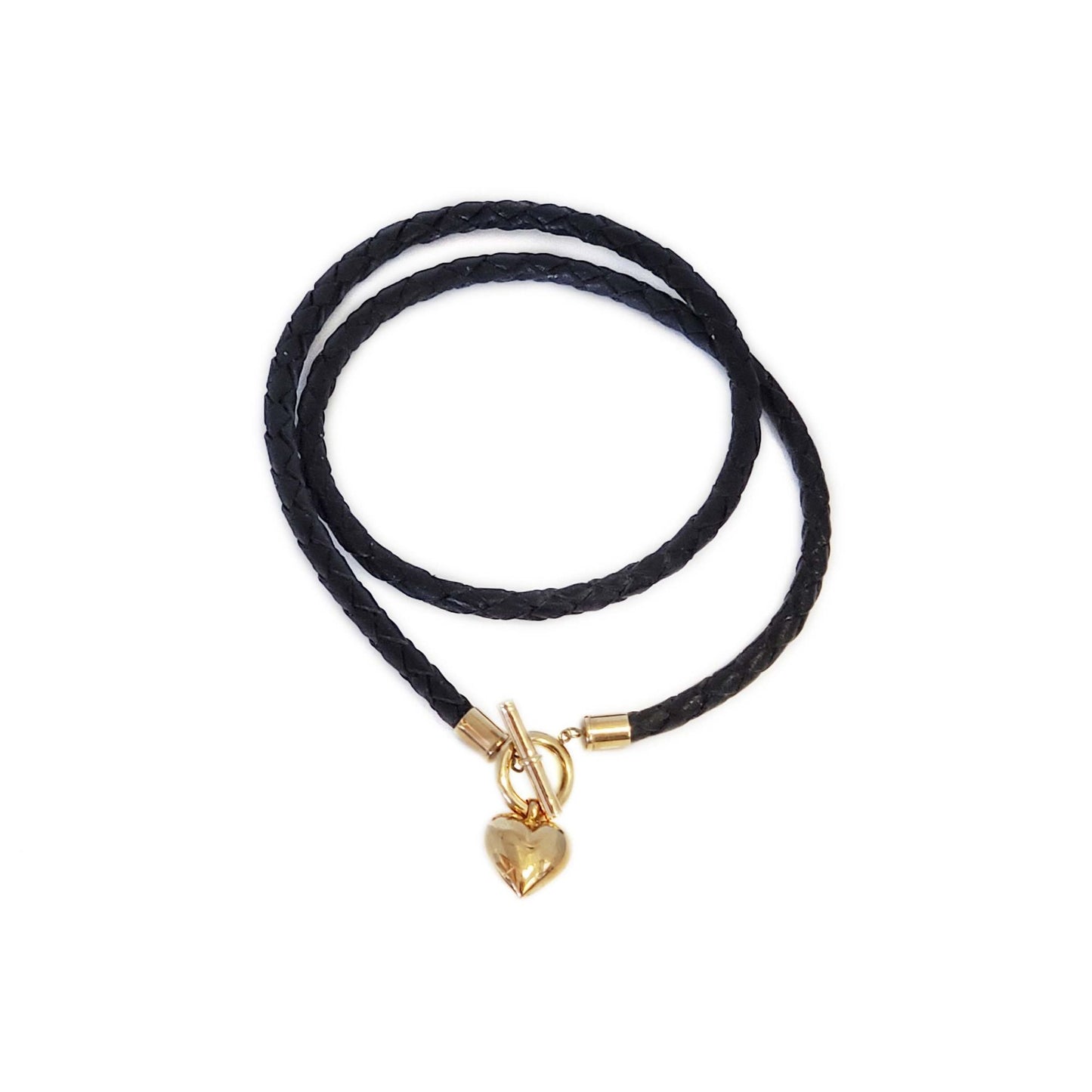 4.5mm Braided Leather 14k Gold Heart Toggle Necklace or Wrap Bracelet