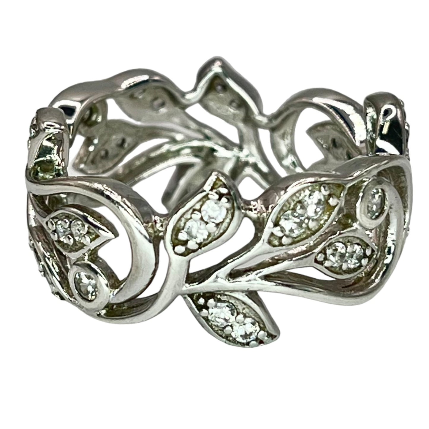 925 Sterling Silver CZ Accent Vine Floral Eternity Band Sz 9.75 Ring Boho Earthy