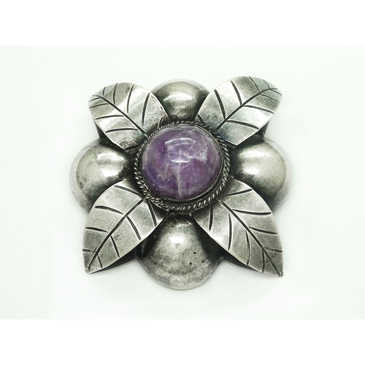 Large Amethyst Round Cabochon Flower Brooch Pin Mexico Sterling Silver