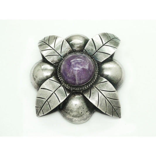 Large Amethyst Round Cabochon Flower Brooch Pin Mexico Sterling Silver