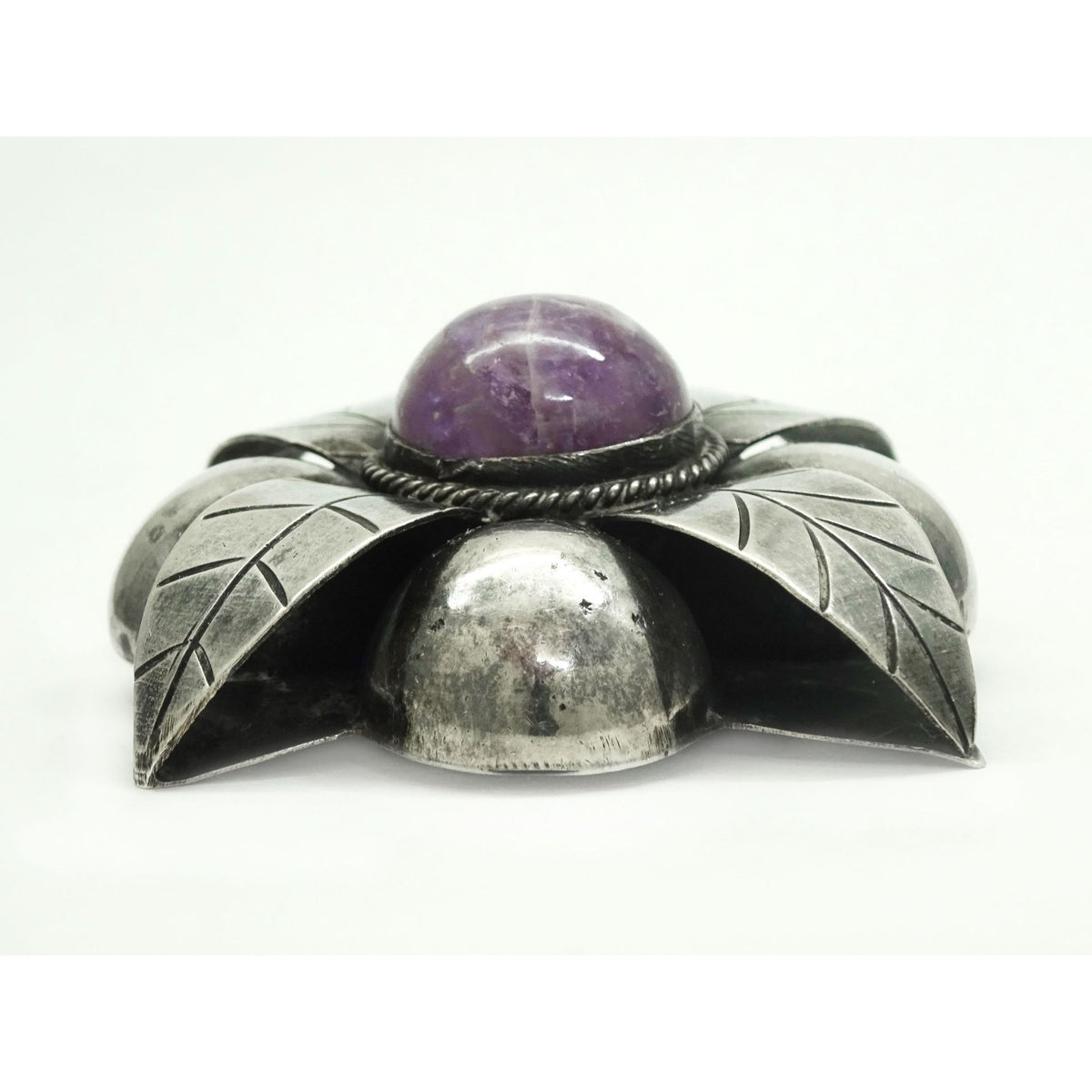 Large Amethyst Round Cabochon Flower Brooch Pin Mexico Sterling Silver