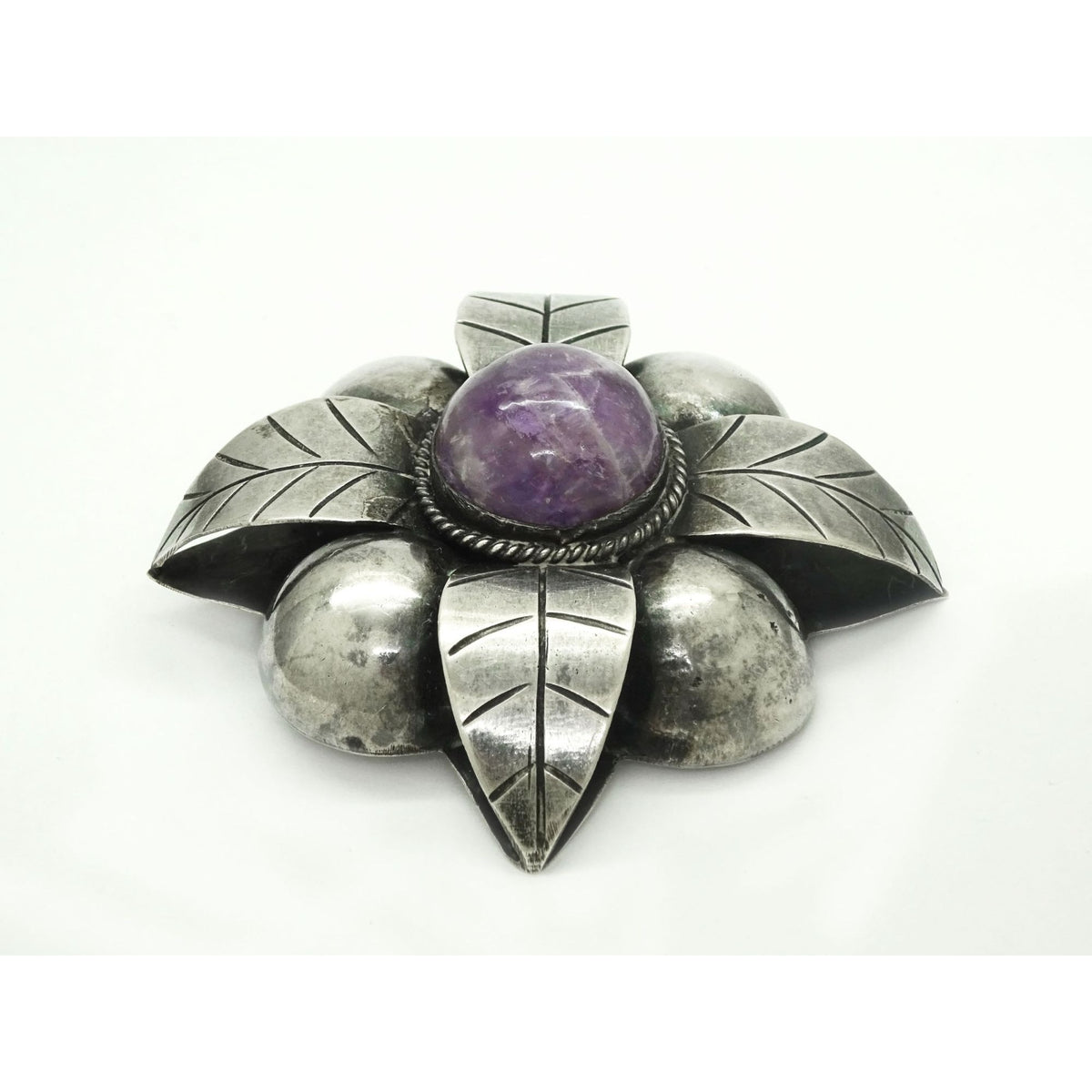 Large Amethyst Round Cabochon Flower Brooch Pin Mexico Sterling Silver