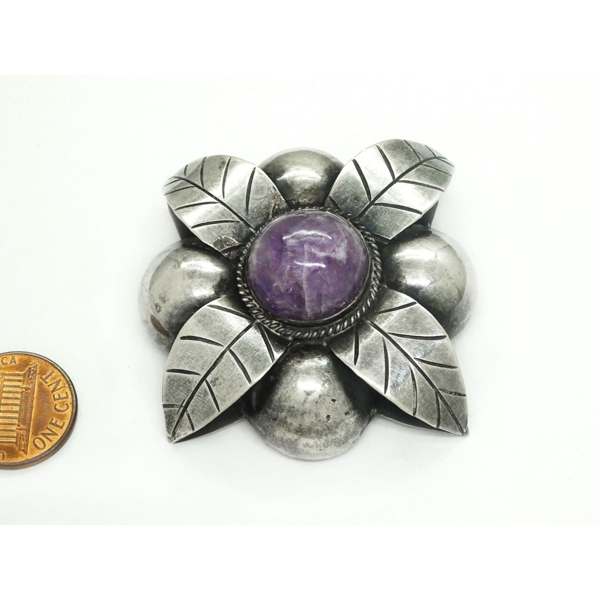 Large Amethyst Round Cabochon Flower Brooch Pin Mexico Sterling Silver