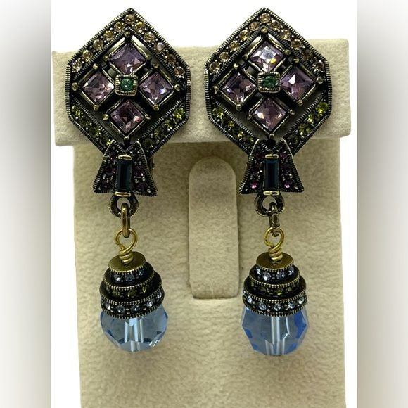 Heidi Daus Rhinestone Blue Glass Drop Dangle Women's Clip on Earrings Colorful