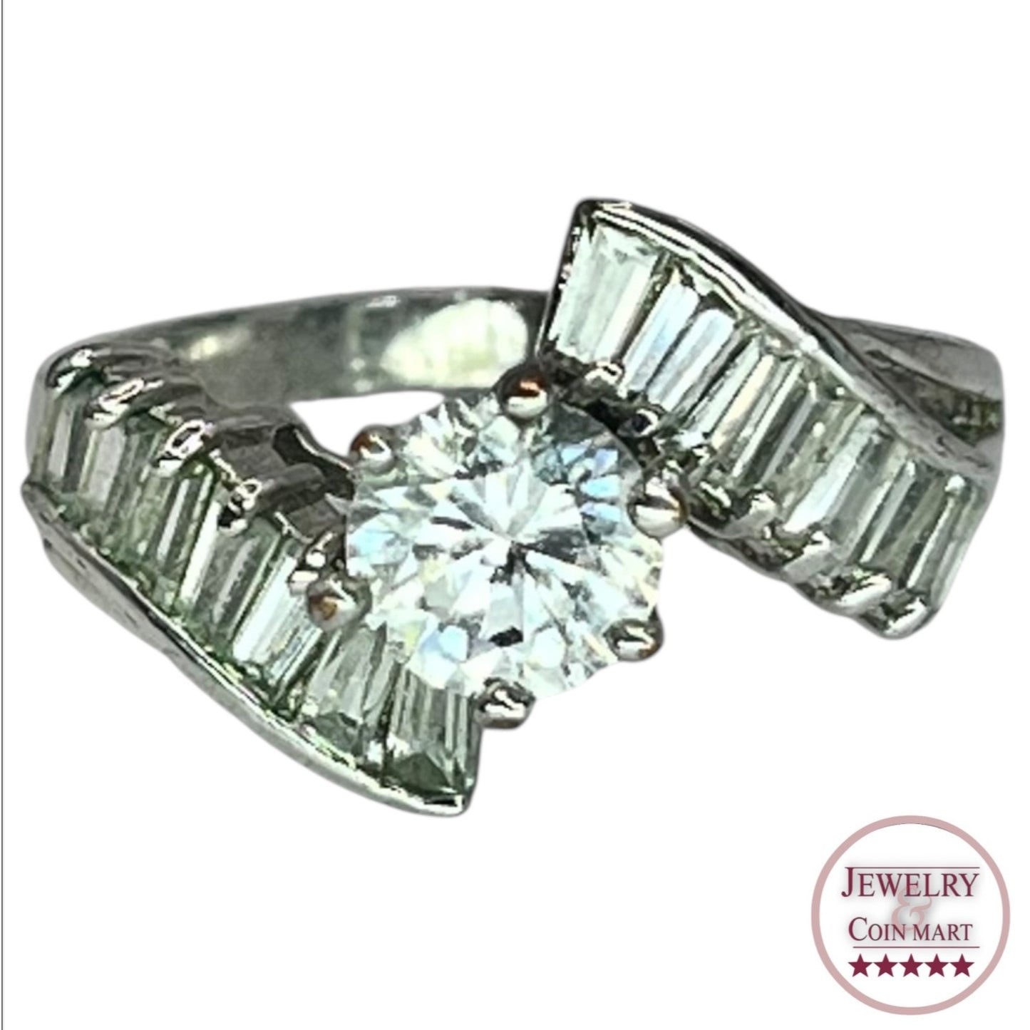 Silver Art Deco Vintage Styled CZ Ring Size 8 Baguette and Round Cut Engagement